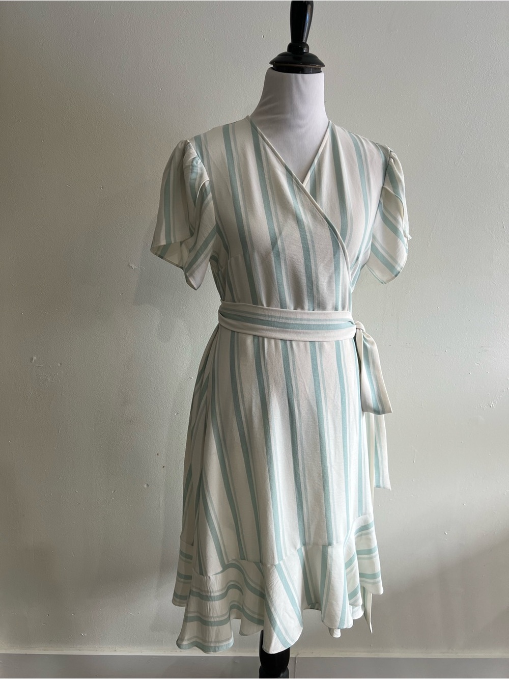 CAbi Striped Wrap Midi Dress in Light Blue and Cream